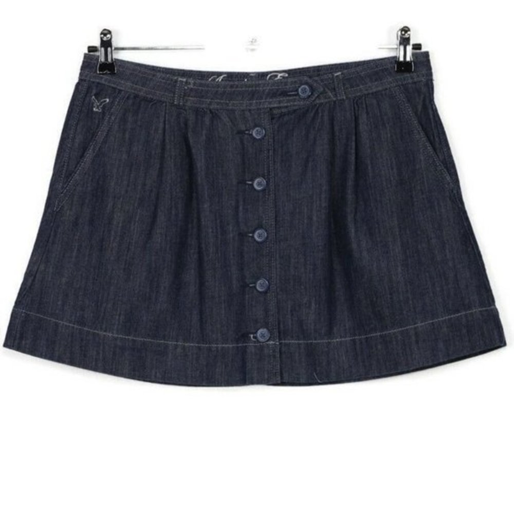 American Eagle Mini Full Pleated Jean Skirt Dark Pockets Buttons‎ 6